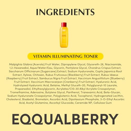 EQQUALBERRY Vitamin Illuminating Toner - Brightening Vitamin C & Niacinamide 3% | Gentle Daily Exfoliating | Skin-Prep Hydration for Glowy Skin(5.07 F