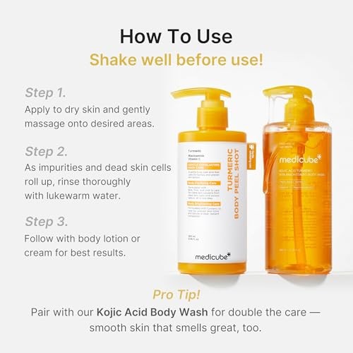 Medicube Body Peel Shot with Turmeric | Gentle Body Exfoliating Serum with BHA, LHA & PHA for Dead Skin Cells, Uneven Looking Skin & Excess Sebum | 9.